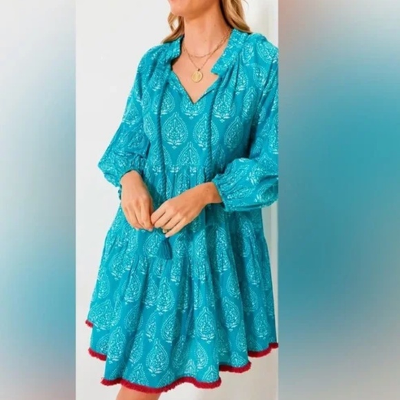 NWT Tucketnuck Tropical Teal Blue Lantern Caftan Cotton Dress M - Picture 1 of 8